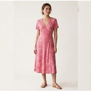 L.L. Bean Pink Coral Paisley Faux Wrap Midi Dress Boho Summer Style - Size M
